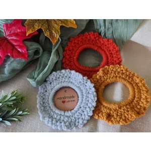 Autumn Crochet Scrunchies Pack of 3 - Grey, Rust, Mustard