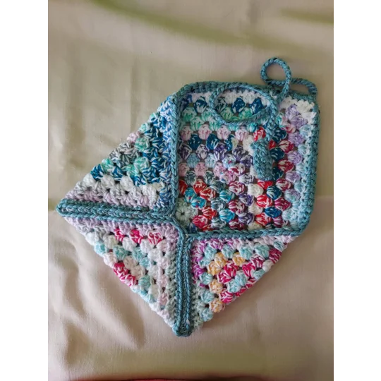 Crocheted book pouch or tablet case, wrap round fastening, multicoloured.