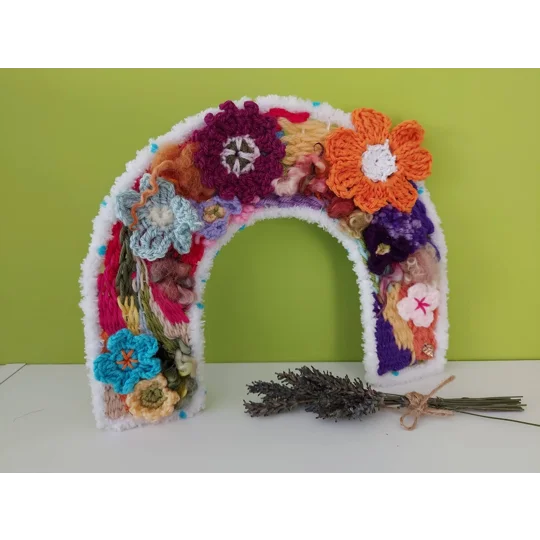 Arch Wall Hanging - Woven Fibre Art with Crocheted Flowers
