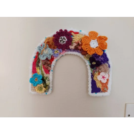 Arch Wall Hanging - Woven Fibre Art with Crocheted Flowers