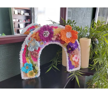 Arch Wall Hanging - Woven Fibre Art with Crocheted Flowers