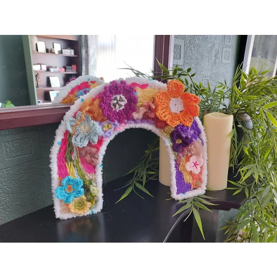 Arch Wall Hanging - Woven Fibre Art with Crocheted Flowers