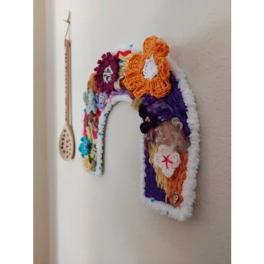 Arch Wall Hanging - Woven Fibre Art with Crocheted Flowers