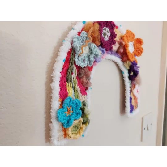 Arch Wall Hanging - Woven Fibre Art with Crocheted Flowers