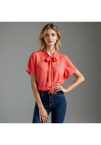 Coral Tie Neck Short Sleeve Blouse