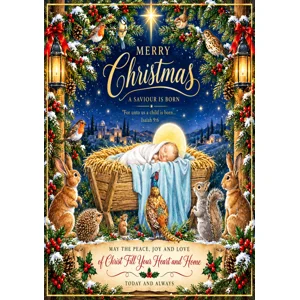 Christmas card. a nativity scene They came from the forest.