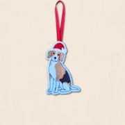 Embroidered Beagle Christmas tree decoration with Santa hat and red ribbon hanging loop