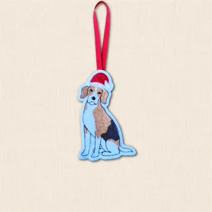 Embroidered Beagle Christmas tree decoration with Santa hat and red ribbon hanging loop