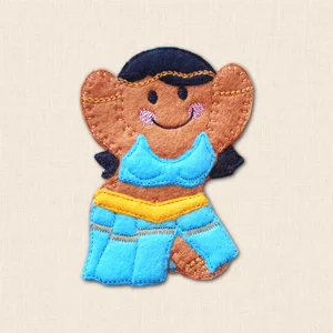 Belly Dancer Gingerbread Character in turquoise and gold embroidered dance outfit with dark hair