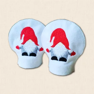 Pair of embroidered Christmas Gnome Tealight Covers made from white felt with red hats, mittens and fluffy white beards