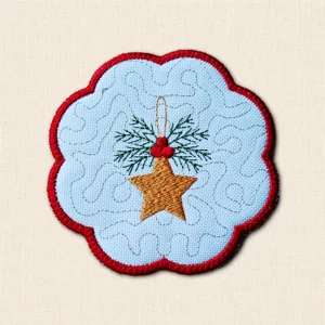 Christmas Star Candle Coaster with embroidered golden star, green festive foliage, red berries and scalloped red edging