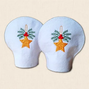Pair of embroidered Christmas Star Tealight Covers made from white felt with golden stars, greenery and red berry details
