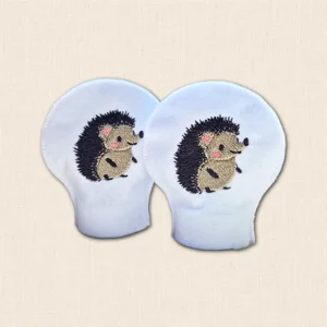Pair of embroidered Hedgehog Tealight Covers made from white felt with sweet brown hedgehog designs