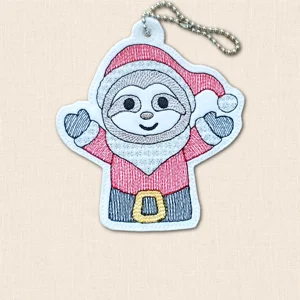 Santa Sloth Christmas decoration embroidered on white felt with red Santa outfit, grey sloth details and silver ball chain