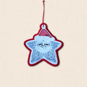 Festive Santa Star Christmas decoration embroidered on white felt with red border, smiling Santa face and red hanging cord
