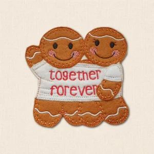 Together Forever Gingerbread Couple embroidered felt keepsake with white T-shirt and red wording