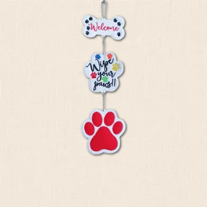 Three-part felt wall hanger with a bone-shaped 'Welcome' sign, colourful 'Wipe Your Paws!!' panel and large red paw print, joined with metal ball chain.