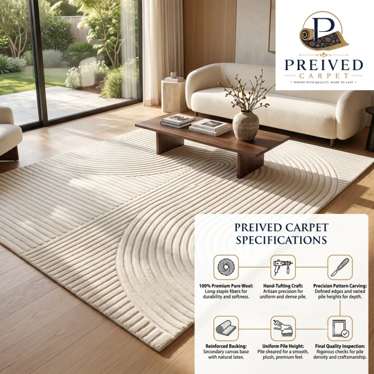 PREIVED CARPET Premium Hand-Tufted Pure Wool Area Rug | Modern Geometric Sculpted Design | SAMPLE ON