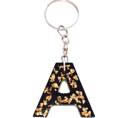 Alphabet Letter 'A' Keychain (Black, Gold foil) Handmade Resin Item