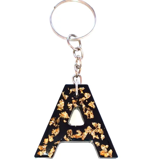 Alphabet Letter 'A' Keychain (Black, Gold foil) Handmade Resin Item