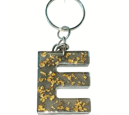 Alphabet Letter 'E' Keychain (Black, Gold foil) Handmade Resin Item
