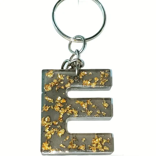 Alphabet Letter 'E' Keychain (Black, Gold foil) Handmade Resin Item