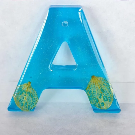 Alphabet Letter 'A' Keychain (Blue Translucent, Real Flower Petal) Handmade Resin Item