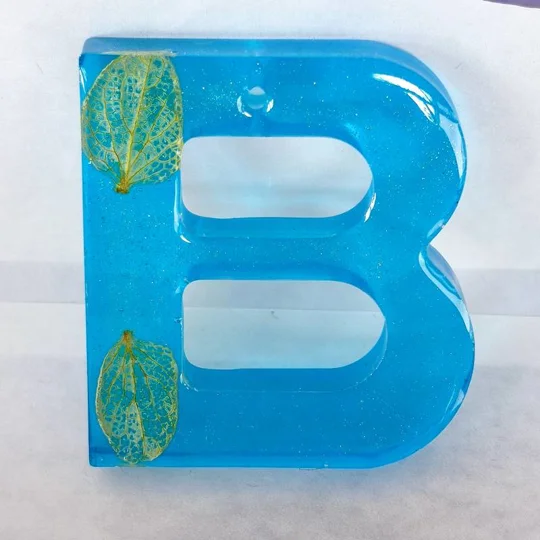 Alphabet Letter 'B' Keychain (Blue Translucent, Real Flower Petal) Handmade Resin Item