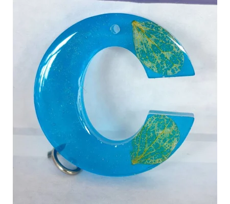 Alphabet Letter 'C' Keychain (Blue Translucent, Real Flower Petal) Handmade Resin Item