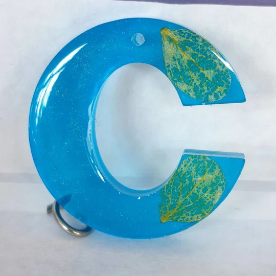Alphabet Letter 'C' Keychain (Blue Translucent, Real Flower Petal) Handmade Resin Item