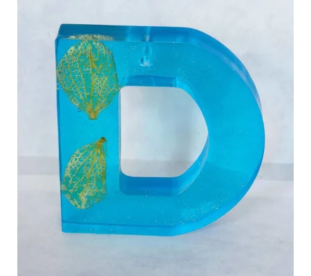 Alphabet Letter 'D' Keychain (Blue Translucent, Real Flower Petal) Handmade Resin Item