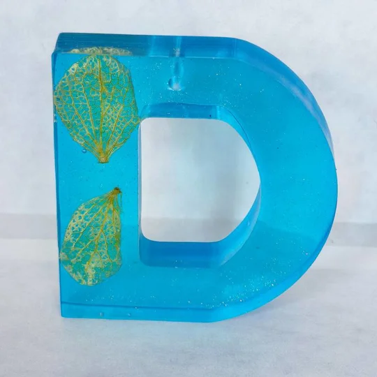 Alphabet Letter 'D' Keychain (Blue Translucent, Real Flower Petal) Handmade Resin Item