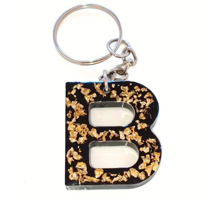 Alphabet Letter 'B' Keychain (Black, Gold foil) Handmade Resin Item