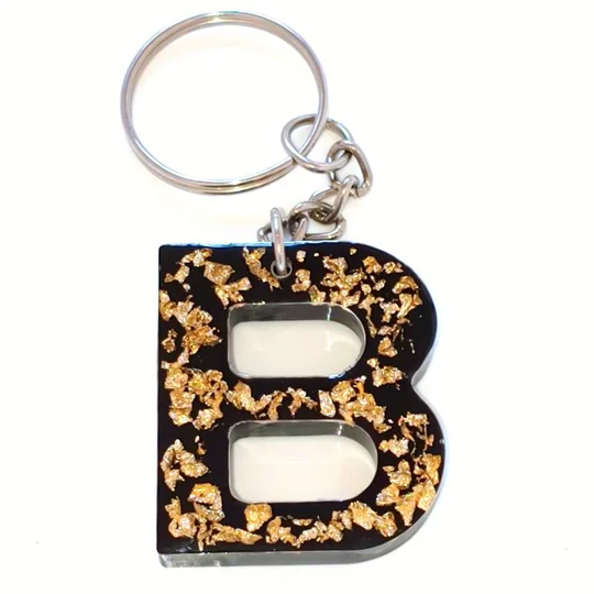 Alphabet Letter 'B' Keychain (Black, Gold foil) Handmade Resin Item