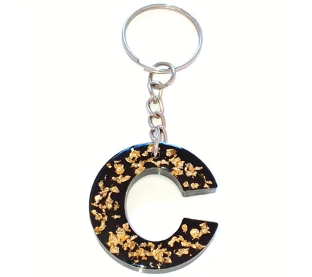 Alphabet Letter 'C' Keychain (Black, Gold foil) Handmade Resin Item