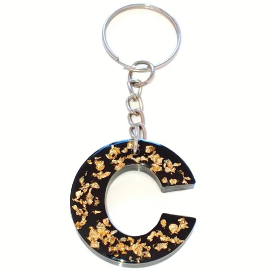 Alphabet Letter 'C' Keychain (Black, Gold foil) Handmade Resin Item