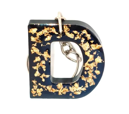 Alphabet Letter 'D' Keychain (Black, Gold foil) Handmade Resin Item
