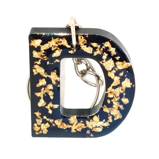 Alphabet Letter 'D' Keychain (Black, Gold foil) Handmade Resin Item