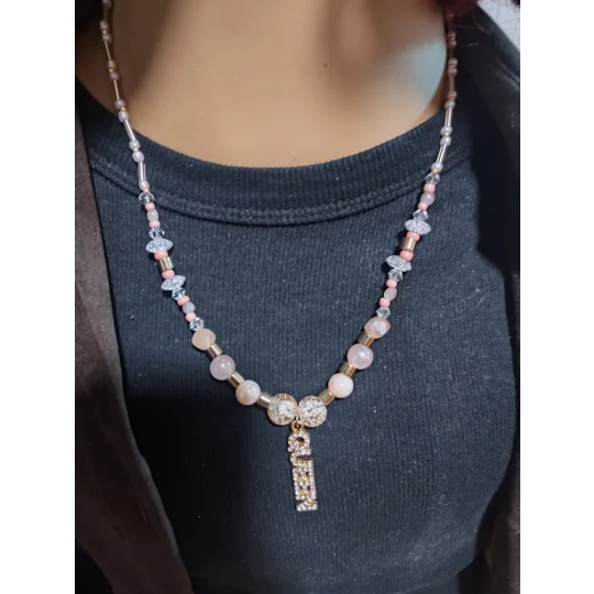 Handmade Queen Rhinestone Pendant Necklace – Pink Glass Beaded Jewelry