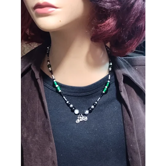 Handmade Ride or Die Motorcycle Beaded Necklace-Black and Green Motorcycle Pendent Necklace