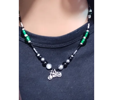 Handmade Ride or Die Motorcycle Beaded Necklace-Black and Green Motorcycle Pendent Necklace