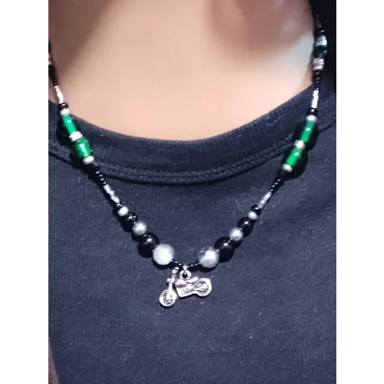 Handmade Ride or Die Motorcycle Beaded Necklace-Black and Green Motorcycle Pendent Necklace