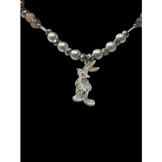 Handmade What's Up, Doc Glass Beaded Necklace-Grey, White and Silver Bugs Bunny Beaded Necklace