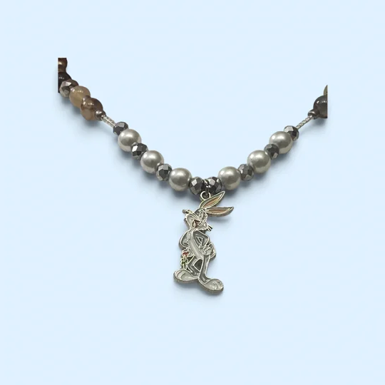 Handmade What's Up, Doc Glass Beaded Necklace-Grey, White and Silver Bugs Bunny Beaded Necklace