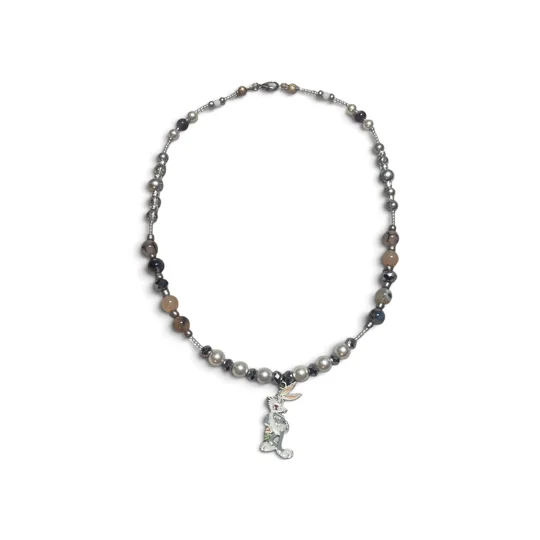 Handmade What's Up, Doc Glass Beaded Necklace-Grey, White and Silver Bugs Bunny Beaded Necklace