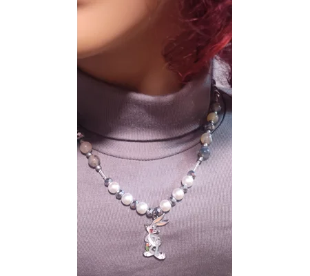 Handmade What's Up, Doc Glass Beaded Necklace-Grey, White and Silver Bugs Bunny Beaded Necklace