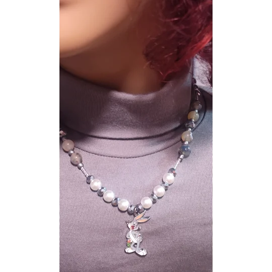 Handmade What's Up, Doc Glass Beaded Necklace-Grey, White and Silver Bugs Bunny Beaded Necklace