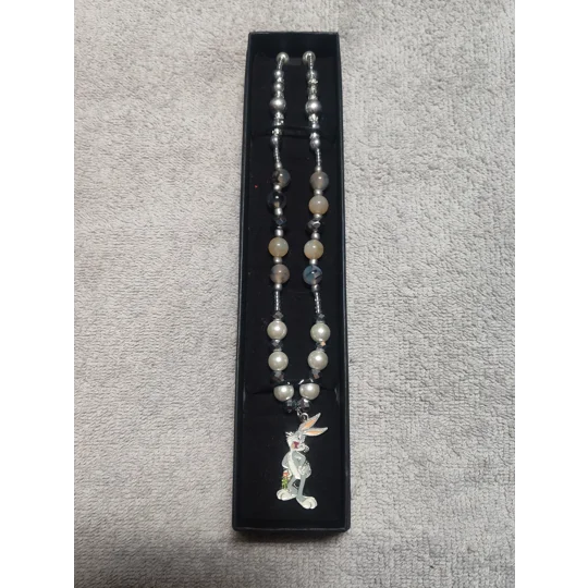 Handmade What's Up, Doc Glass Beaded Necklace-Grey, White and Silver Bugs Bunny Beaded Necklace