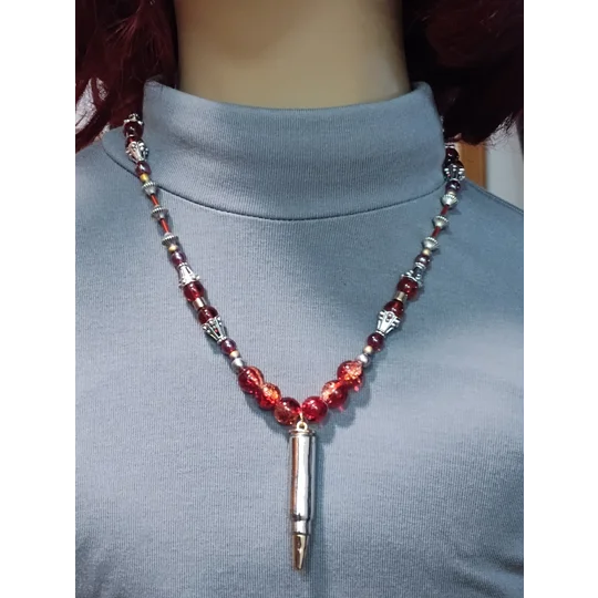 Handmade Scarlet Casing Bullet Beaded Necklace-Scarlet, Gold and Silver Bullet Beaded Necklace