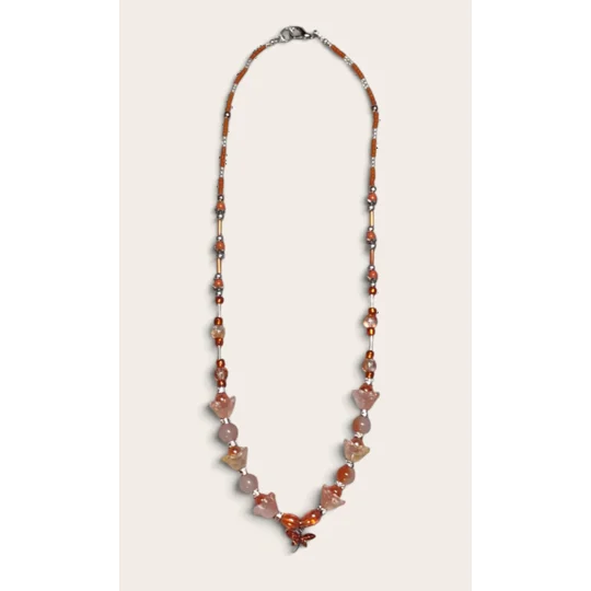 Handmade Autumn Whimsy Beaded Necklace-Orange, Silver and Clear Glass Beaded Butterfly Necklace